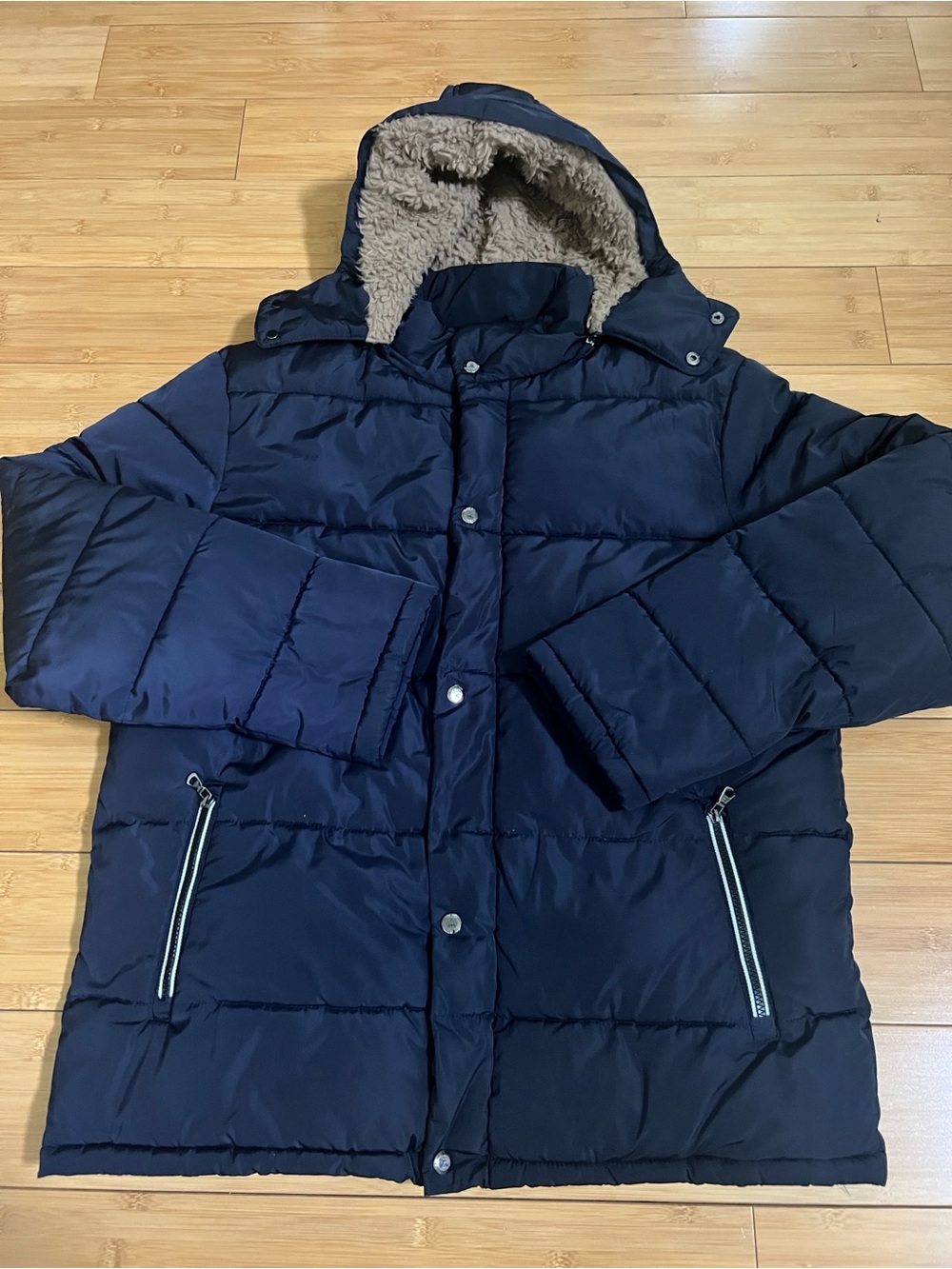 Spire by Galaxy Men's Sherpa-Lined Hooded Puffer Jacket in Navy Blue XL